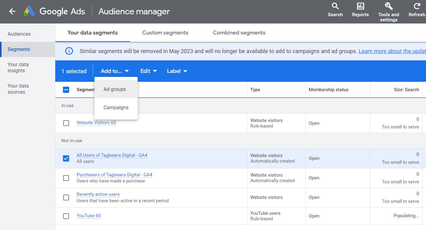 Applying audience segments to campaigns and ad groups